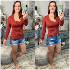 Scoop Neck Stretch Slimming Fitted Long Sleeve Shirt Rust 0423